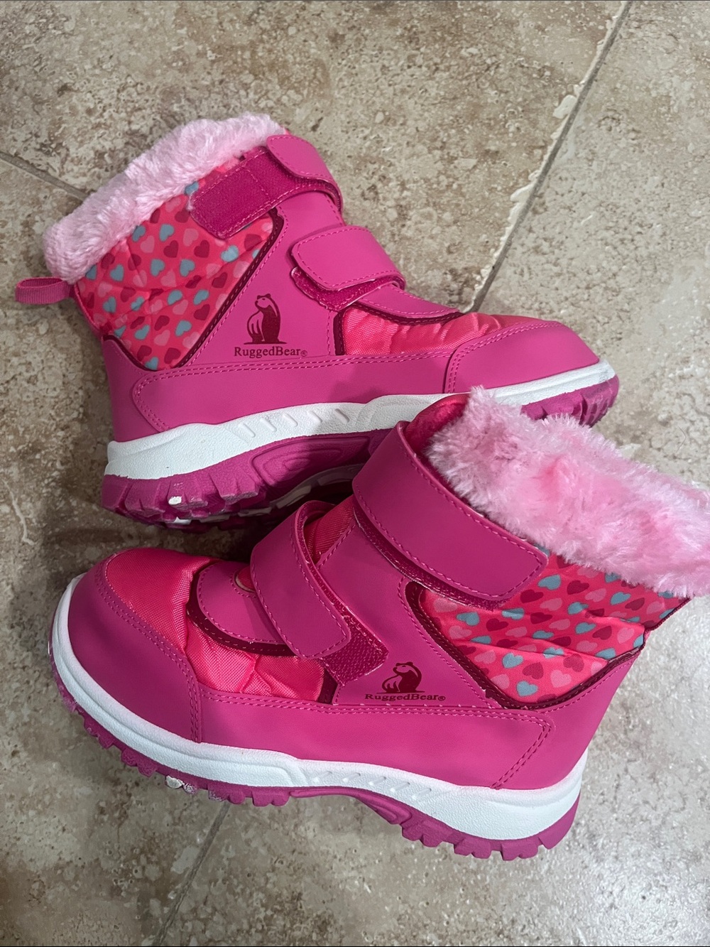 Rugged Bear Kids' Pink Velcro Insulated Snow Boots with Hearts
